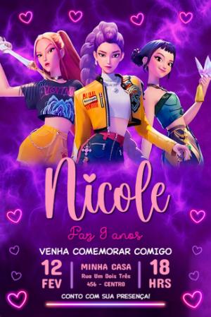 Convite de Aniversário K-pop Guerreiras Roxo Editável