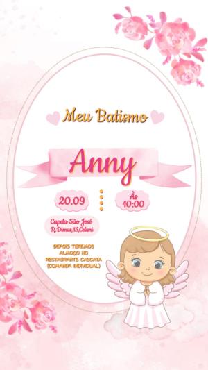 Convite de Batismo Menina Anjinha Rosa Editável