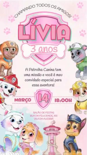 Convite Digital Patrulha Canina Menina Editável para Aniversário