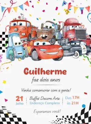 Convite Digital Infantil Tema Carros Editável e Colorido