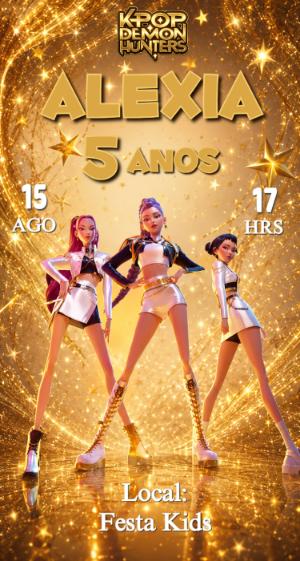 Convite de Aniversário K-pop Guerreiras Dourado Editável