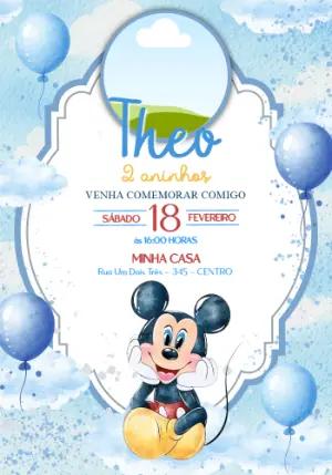 Convite de Aniversário Mickey Aquarela com Foto Editável
