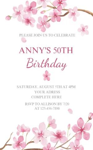 Elegant Cherry Blossom 50th Birthday Invitation Editable Template
