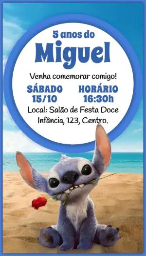 Convite de Aniversário Stitch com Rosa na Praia para Editar