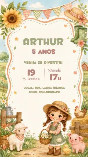 Convite Aniversário Fazendinha Menina Camponesa Editável