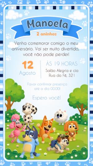 Convite Digital de Aniversário Bluey e Bingo para Editar