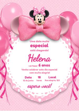 Convite de Aniversário Minnie Rosa Luxo para Editar
