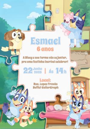 Convite Aniversário Bluey e Bingo Aquarela para Editar Online