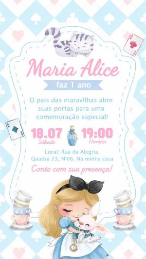 Convite Aniversário Alice no País das Maravilhas Aquarela Editável