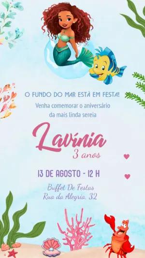 Convite Aniversário Pequena Sereia Ariel Morena Editável