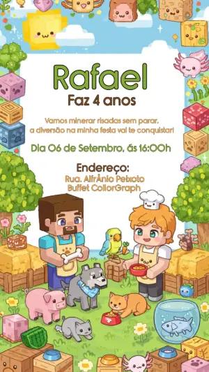 Convite Aniversário Minecraft Animais Fofos para Editar Online