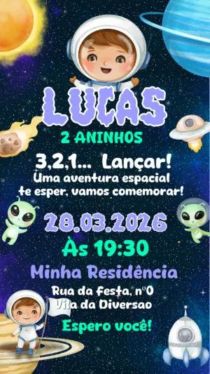 Convite de Aniversário Infantil Astronauta no Espaço Editável
