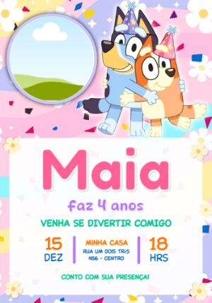 Convite de Aniversário Bluey e Bingo Colorido para Editar