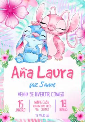 Convite Digital Stitch e Angel Aquarela Tropical para Editar