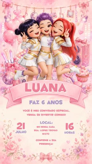 Convite de Aniversário Guerreiras do K-pop para Editar