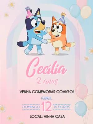Convite de Aniversário Bluey e Bingo Menina Editável
