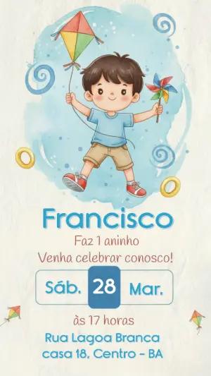 Convite de Aniversário Infantil Menino com Pipa Aquarela Editável