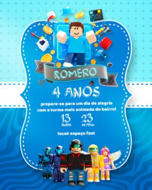 Convite de Aniversário Roblox com Personagens para Editar Online