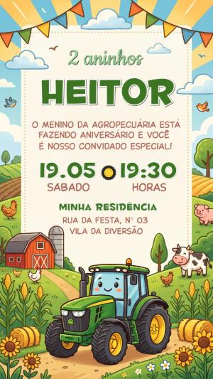 Convite de Aniversário Infantil Fazendinha com Trator Editável