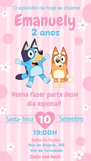 Convite de Aniversário Bluey e Bingo Rosa Editável