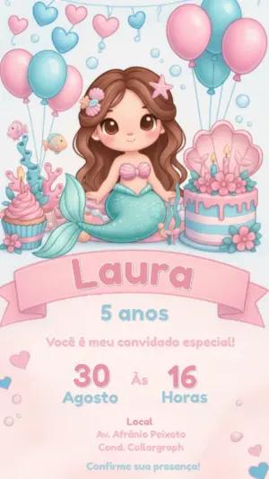 Convite Editável Aniversário Infantil Tema Sereia Fofa