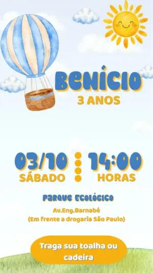 Convite de Aniversário Infantil com Balão e Sol Editável