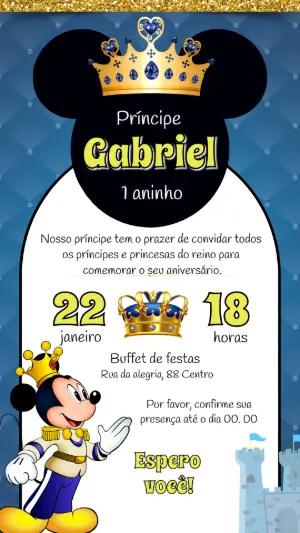 Convite Animado Mickey Príncipe para Aniversário Editável