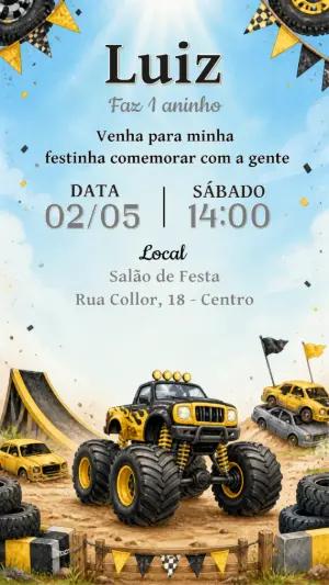 Convite de Aniversário Monster Truck: Modelo Digital Editável