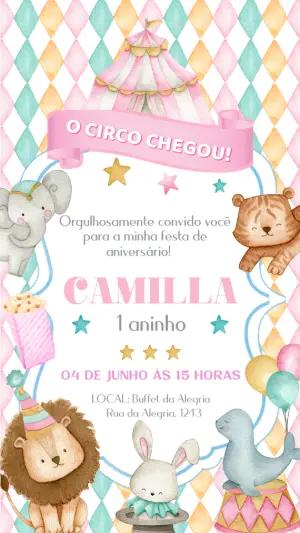 Convite Aniversário Circo Aquarela com Animais para Editar