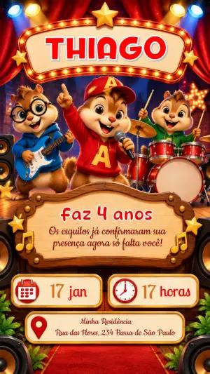 Convite de Aniversário Alvin e os Esquilos Editável