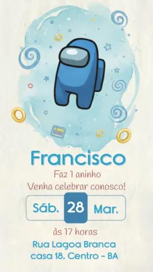 Convite de Aniversário Among Us Azul Aquarela para Editar