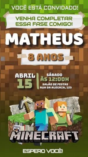 Convite de Aniversário Minecraft Pixelado para Editar