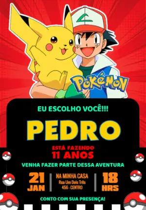 Convite de Aniversário Pokémon com Ash e Pikachu para Editar