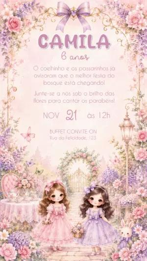 Convite de Aniversário Bosque Encantado Menina Editável