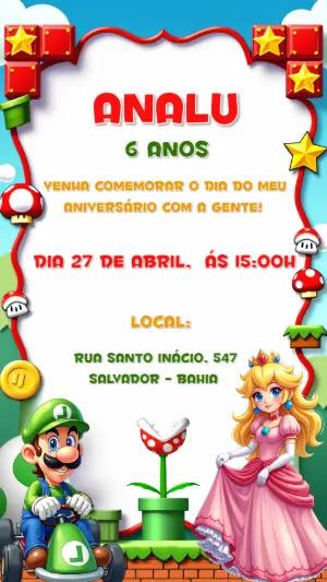 Convite Aniversário Super Mario com Personagens para Editar