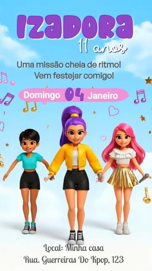 Convite Animado Aniversário Guerreiras do K-pop Meninas para Editar Online