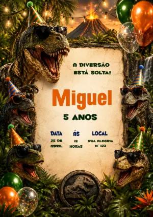 Convite de Aniversário Dinossauro T-Rex Editável para Festa