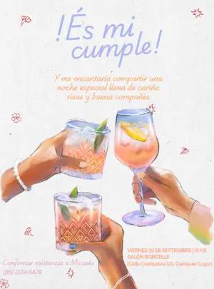 Invitación de Cumpleaños con Cócteles Ilustrados para Editar