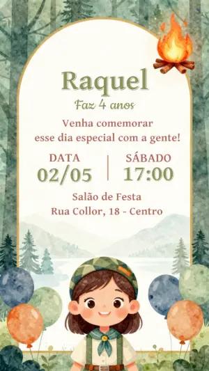 Convite de Aniversário Tema Acampamento Escoteira Editável