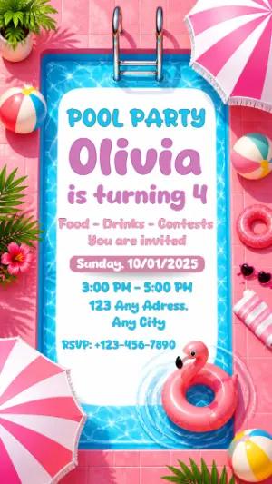 Editable Pink Pool Party Birthday Invitation Template