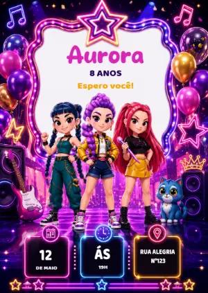 Convite de Aniversário Guerreiras do Kpop para Editar