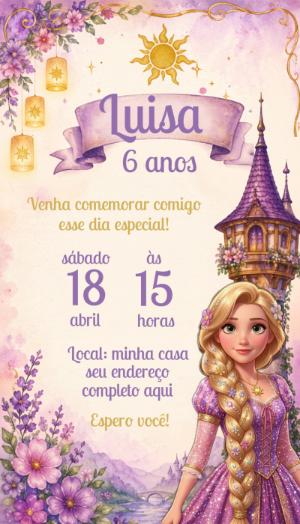 Convite Digital Rapunzel: Modelo Editável para Aniversário