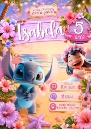 Convite Animado Lilo e Stitch na Praia 3D para Editar