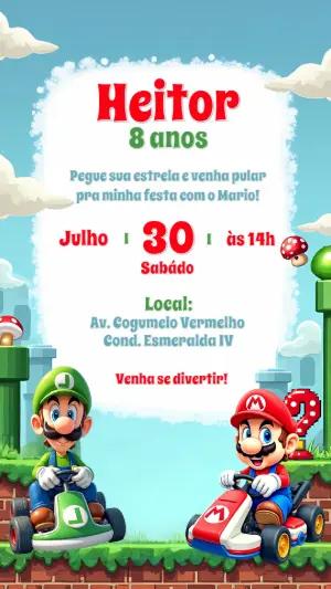 Convite de Aniversário Mario Kart com Luigi para Editar Online