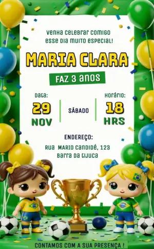 Convite de Aniversário Futebol Brasil Menina Modelo Editável