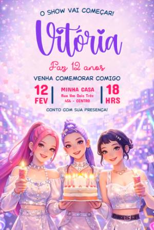 Convite de Aniversário Guerreiras do Kpop e Rosa Editável