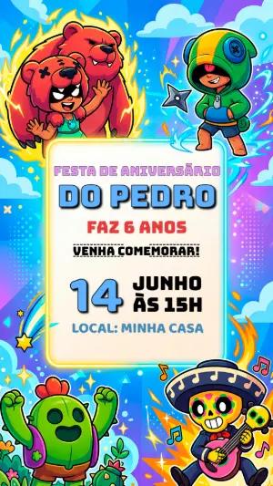 Convite de Aniversário Brawl Stars Colorido para Editar