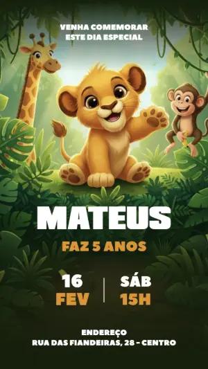 Convite de Aniversário Selva com Animais Fofos para Editar