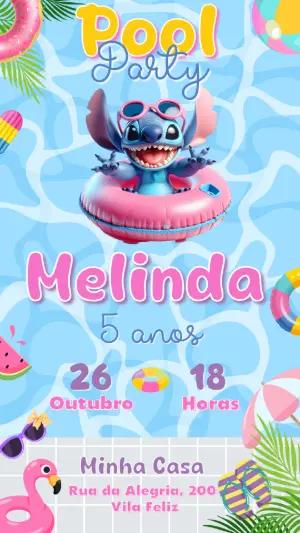 Convite de Aniversário Stitch Pool Party Editável