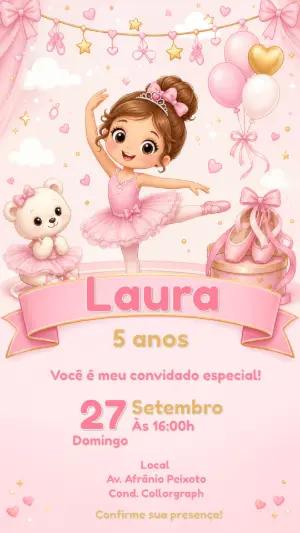 Convite de Aniversário Bailarina Rosa e Dourado Editável